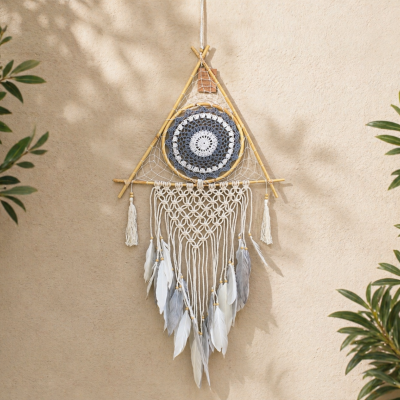 Attrape Rêves – Macramé Pyramide Blanc / Gris